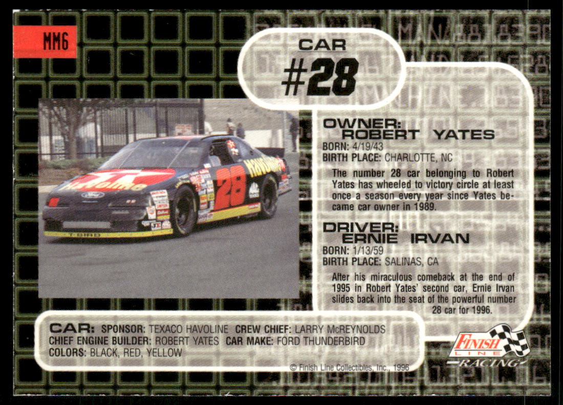 1996 Finish Line Man and Machine #MM6 Ernie Irvan back image