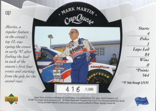 1997 Upper Deck Road To The Cup Cup Quest White #CQ7 Mark Martin back image