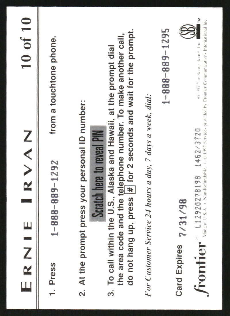 1997 Score Board IQ $10 Phone Cards #PC10 Ernie Irvan