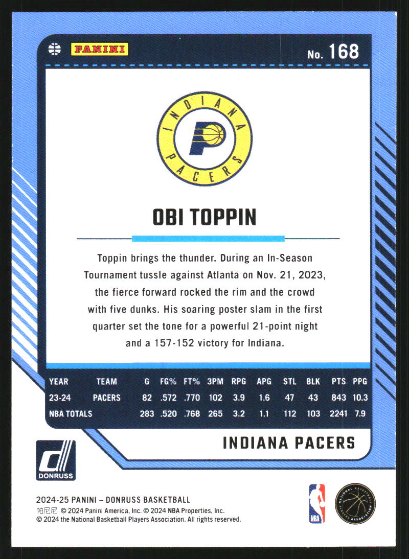 2024-25 Donruss Holo Green Laser #168 Obi Toppin