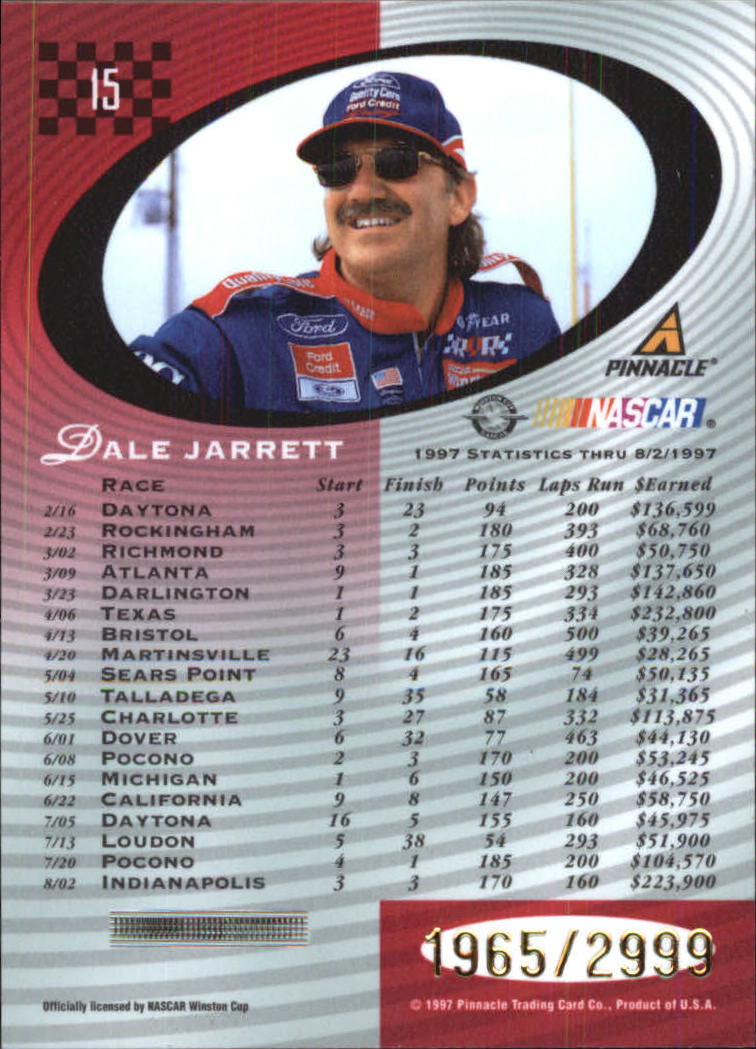 1997 Pinnacle Totally Certified Platinum Red #15 Dale Jarrett back image