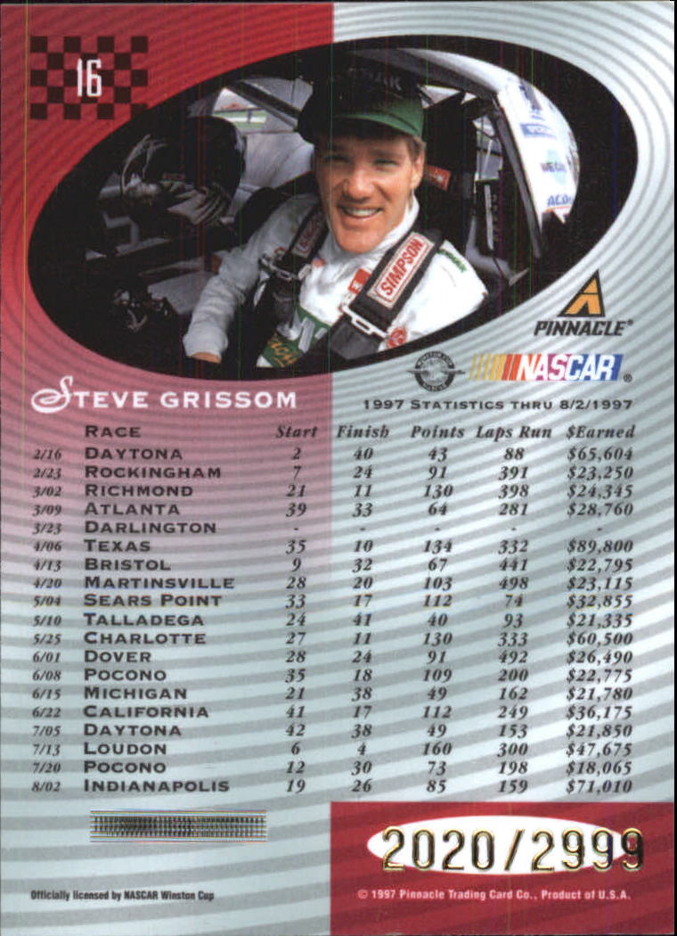 1997 Pinnacle Totally Certified Platinum Red #16 Steve Grissom back image