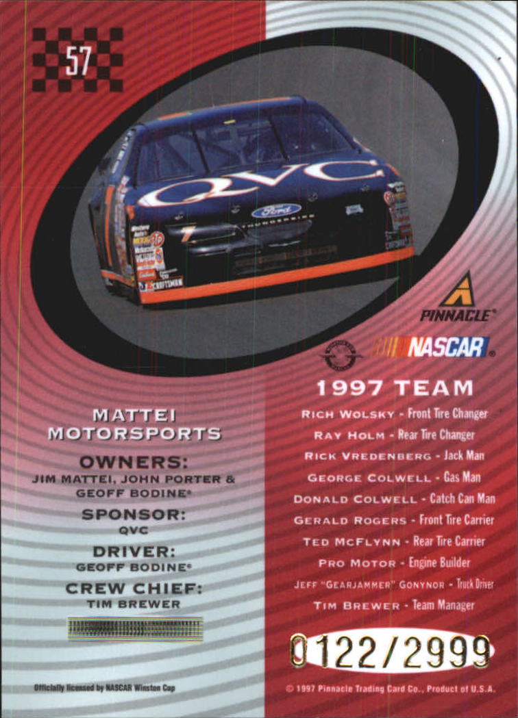 1997 Pinnacle Totally Certified Platinum Red #57 Geoff Bodine's Car back image