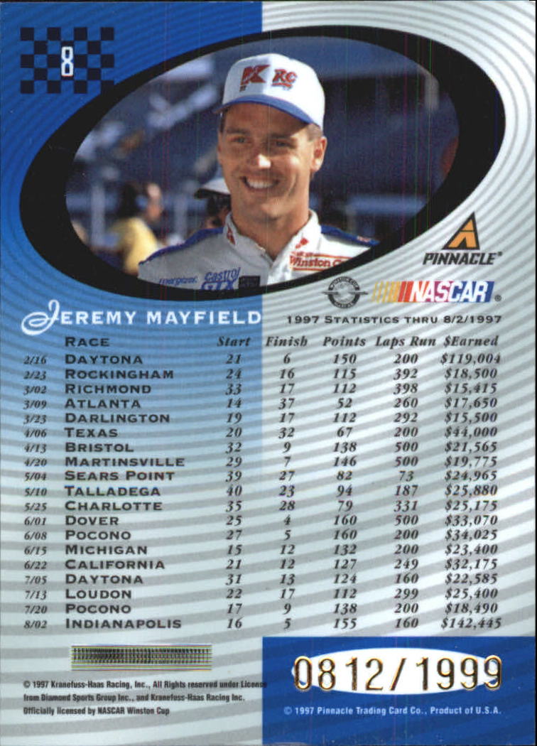 1997 Pinnacle Totally Certified Platinum Blue #8 Jeremy Mayfield back image