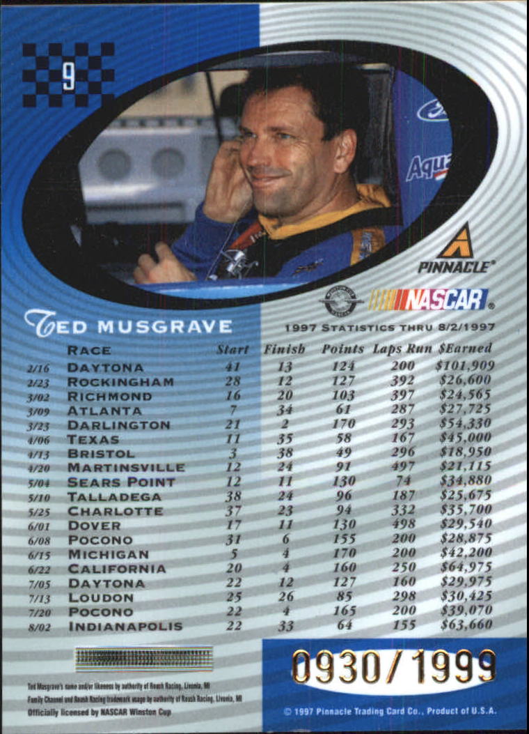 1997 Pinnacle Totally Certified Platinum Blue #9 Ted Musgrave back image