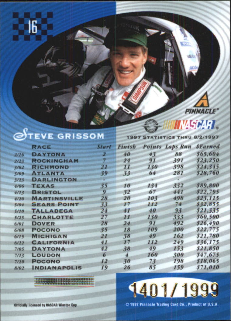 1997 Pinnacle Totally Certified Platinum Blue #16 Steve Grissom back image