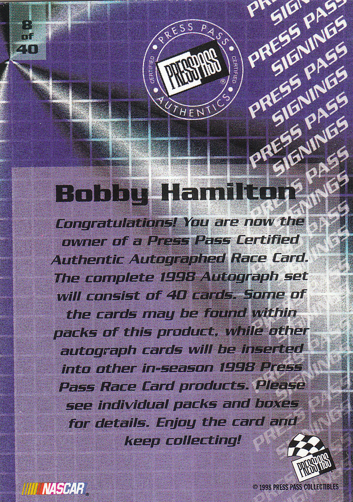 1998 Press Pass Signings #8 Bobby Hamilton/Press Pass Stealth/  VIP back image