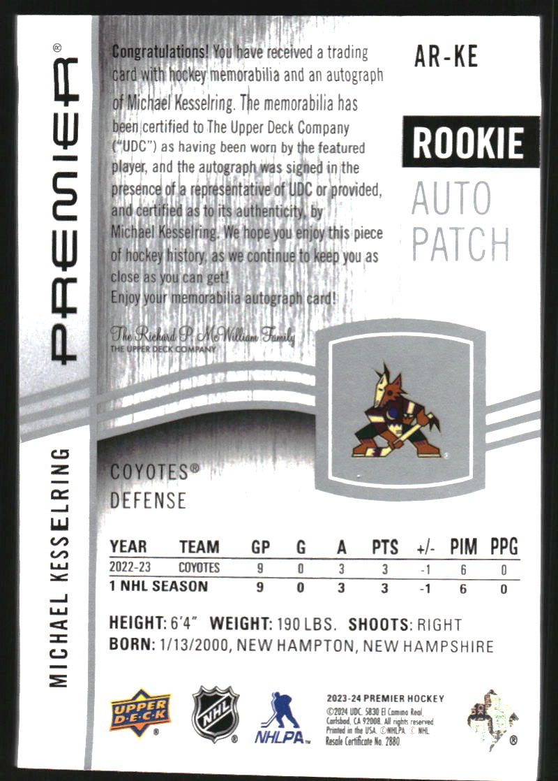 2023-24 Upper Deck Premier Acetate Rookie Patch Autographs #ARKE Michael Kesselring Auto Patch /249