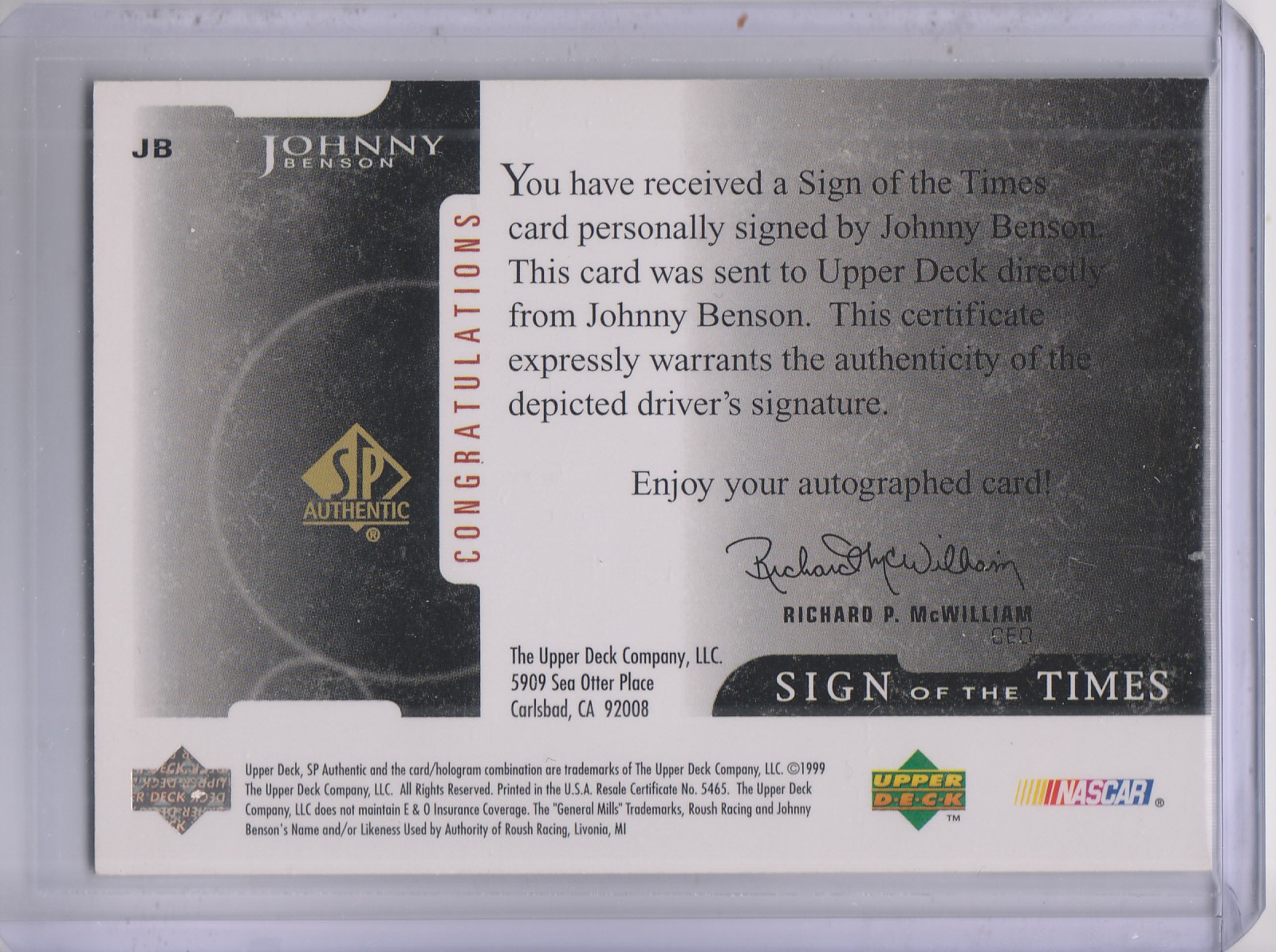 1999 SP Authentic Sign of the Times #JBN Johnny Benson back image