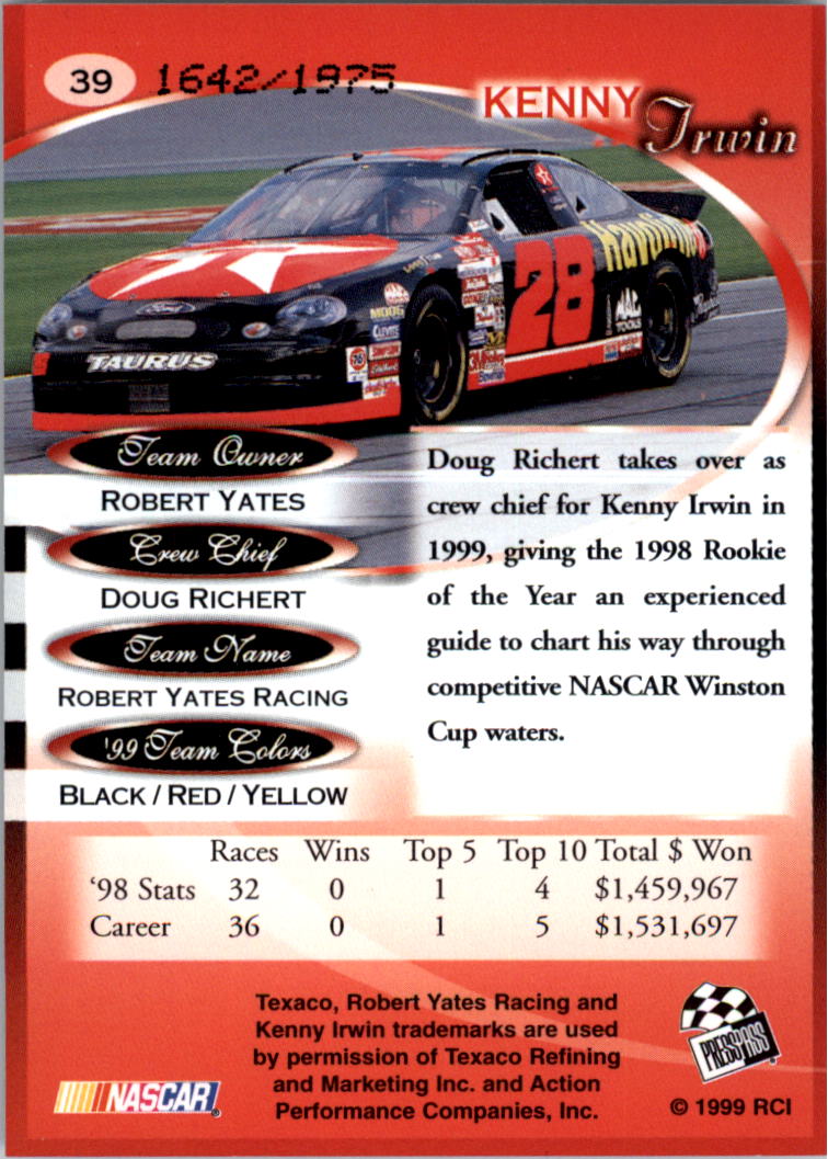 1999 Press Pass Premium Reflectors #R39 Kenny Irwin's Car back image