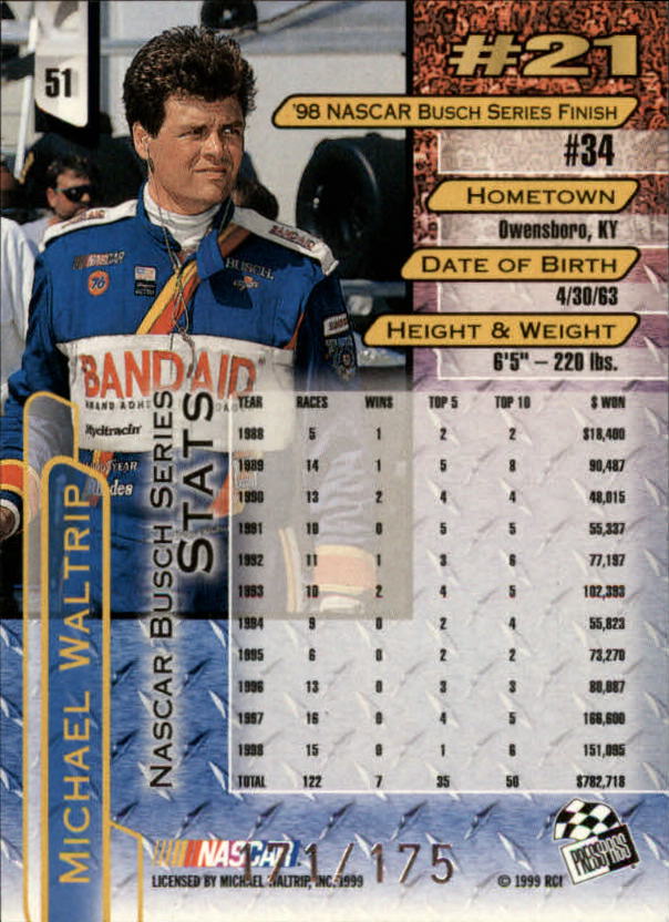 1999 Press Pass Skidmarks #51 Michael Waltrip back image