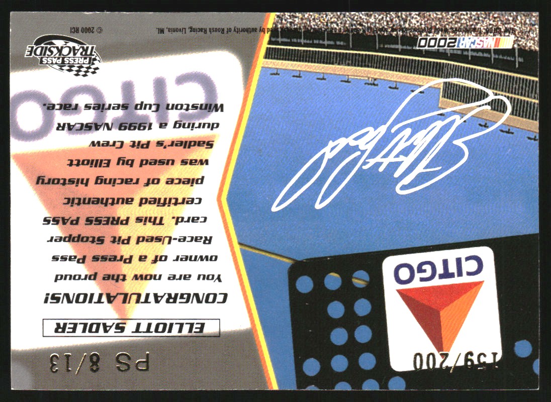 2000 Press Pass Trackside Pit Stoppers #PS8 Elliott Sadler back image