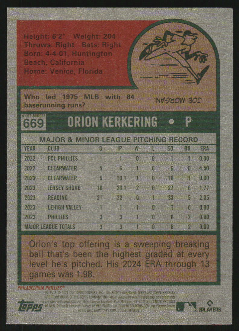 2024 Topps Heritage White Border #669 Orion Kerkering