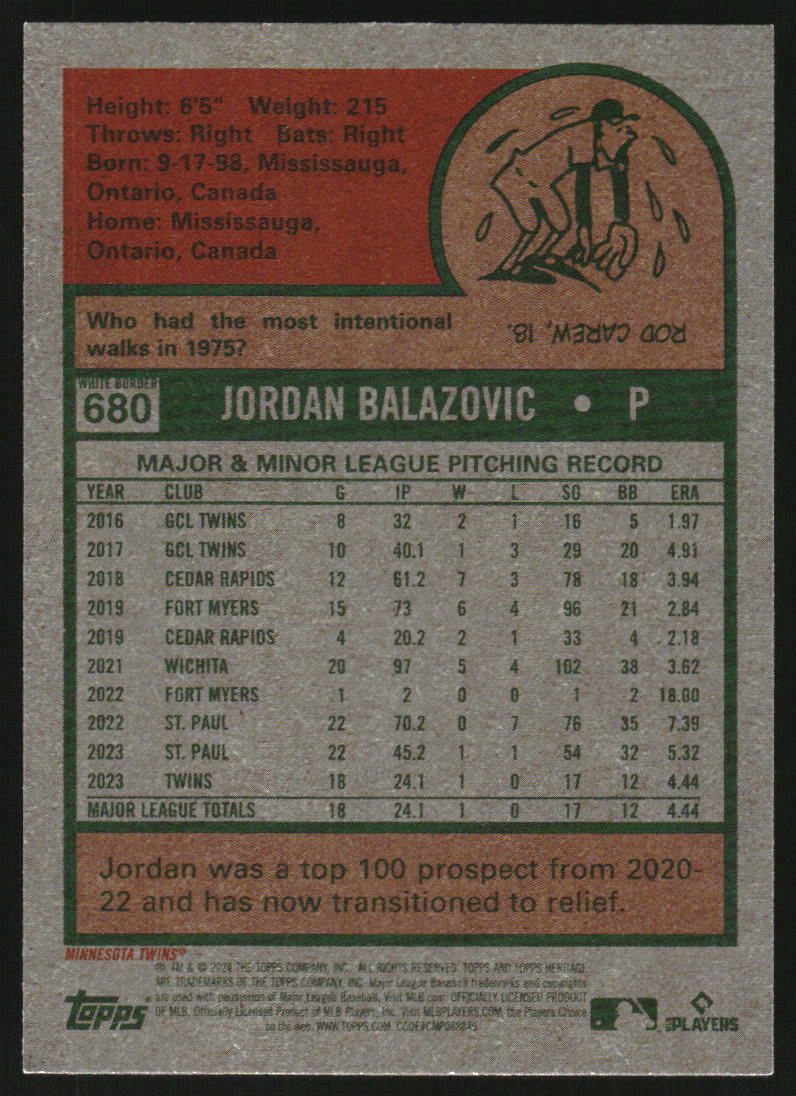 2024 Topps Heritage White Border #680 Jordan Balazovic