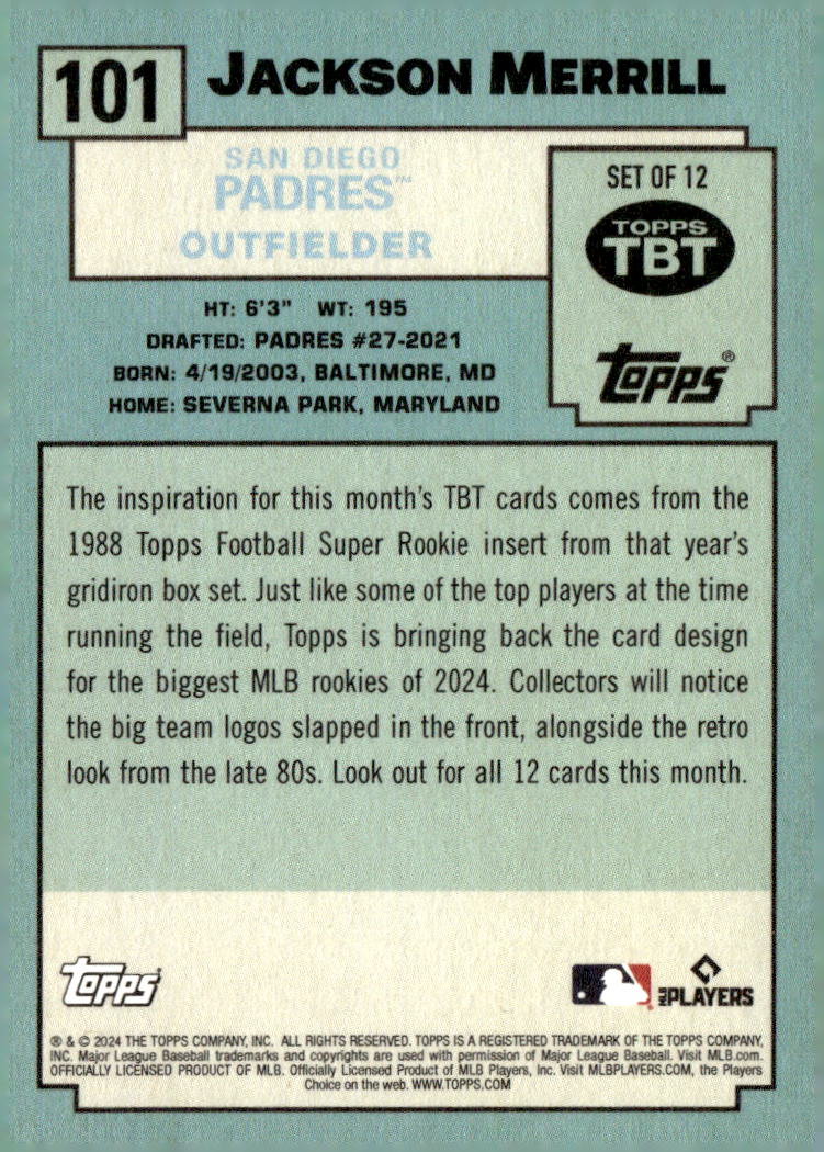 2024 Topps Throwback Thursday #101 Jackson Merrill/1518*/'88 Topps FB Super Rookie back image