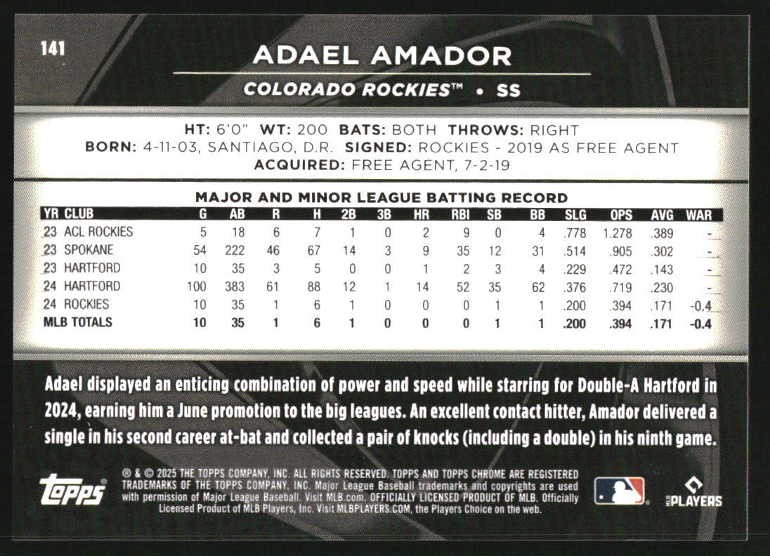 2025 Topps Chrome Black Rookie Design Variations Gold Refractors #141 Adael Amador