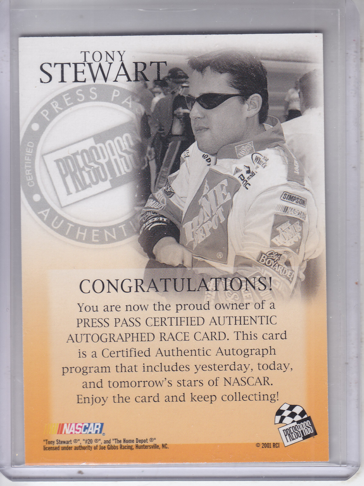 2001 Press Pass Autographs #43 Tony Stewart back image