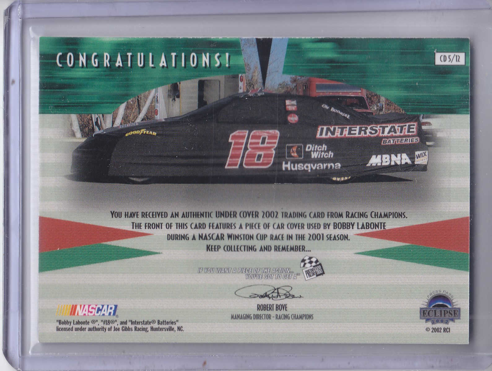 2002 Press Pass Eclipse Under Cover Holofoil Drivers #CD5 Bobby Labonte back image