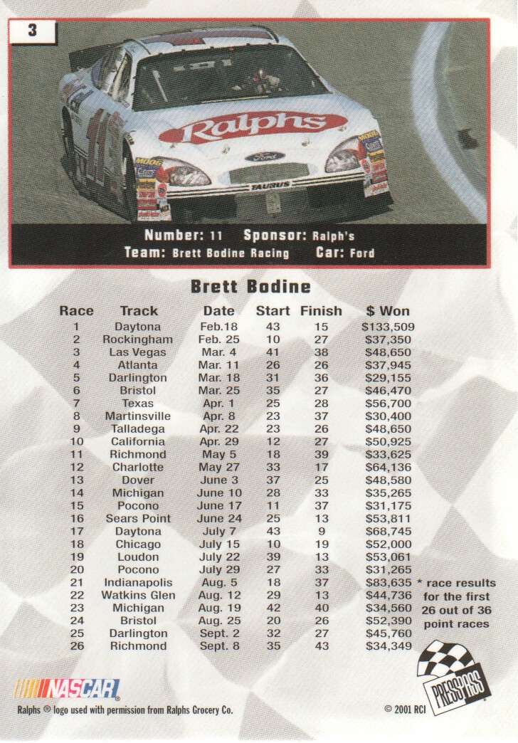 2002 Press Pass #3 Brett Bodine back image