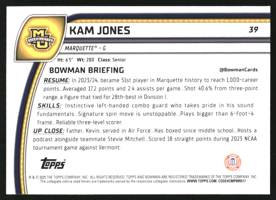 2024-25 Bowman Chrome University Black Wave Refractors #39 Kam Jones