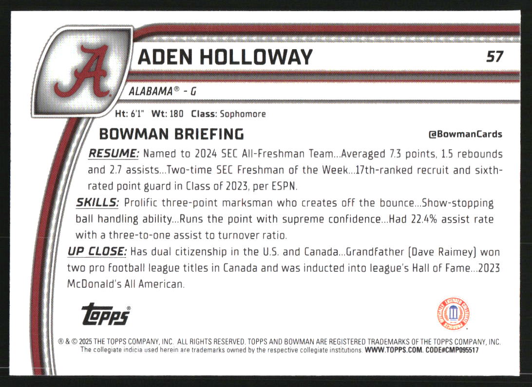 2024-25 Bowman Chrome University Black Wave Refractors #57 Aden Holloway