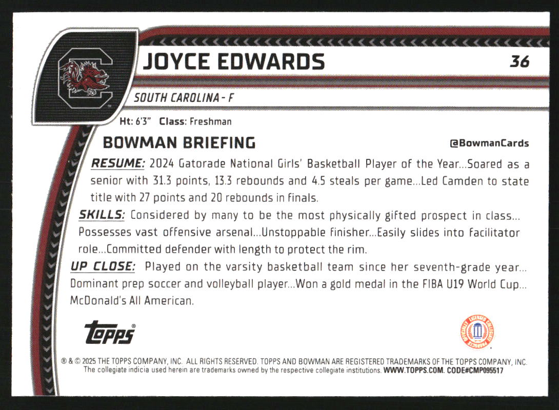 2024-25 Bowman Chrome University Purple Lava Refractors #36 Joyce Edwards