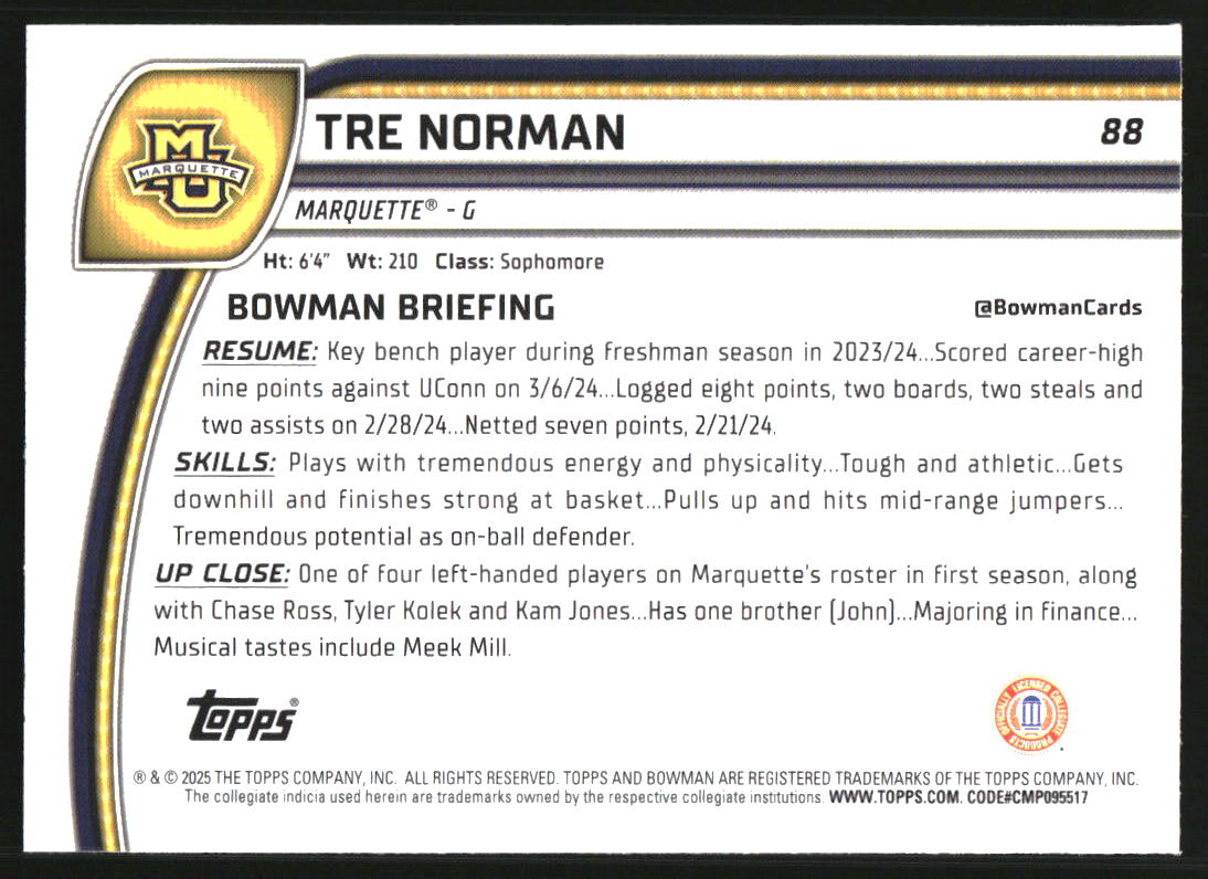 2024-25 Bowman Chrome University Purple Lava Refractors #88 Tre Norman
