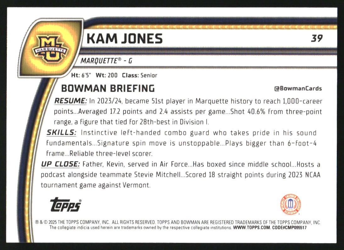 2024-25 Bowman Chrome University Black and White Stealth Refractors #39 Kam Jones