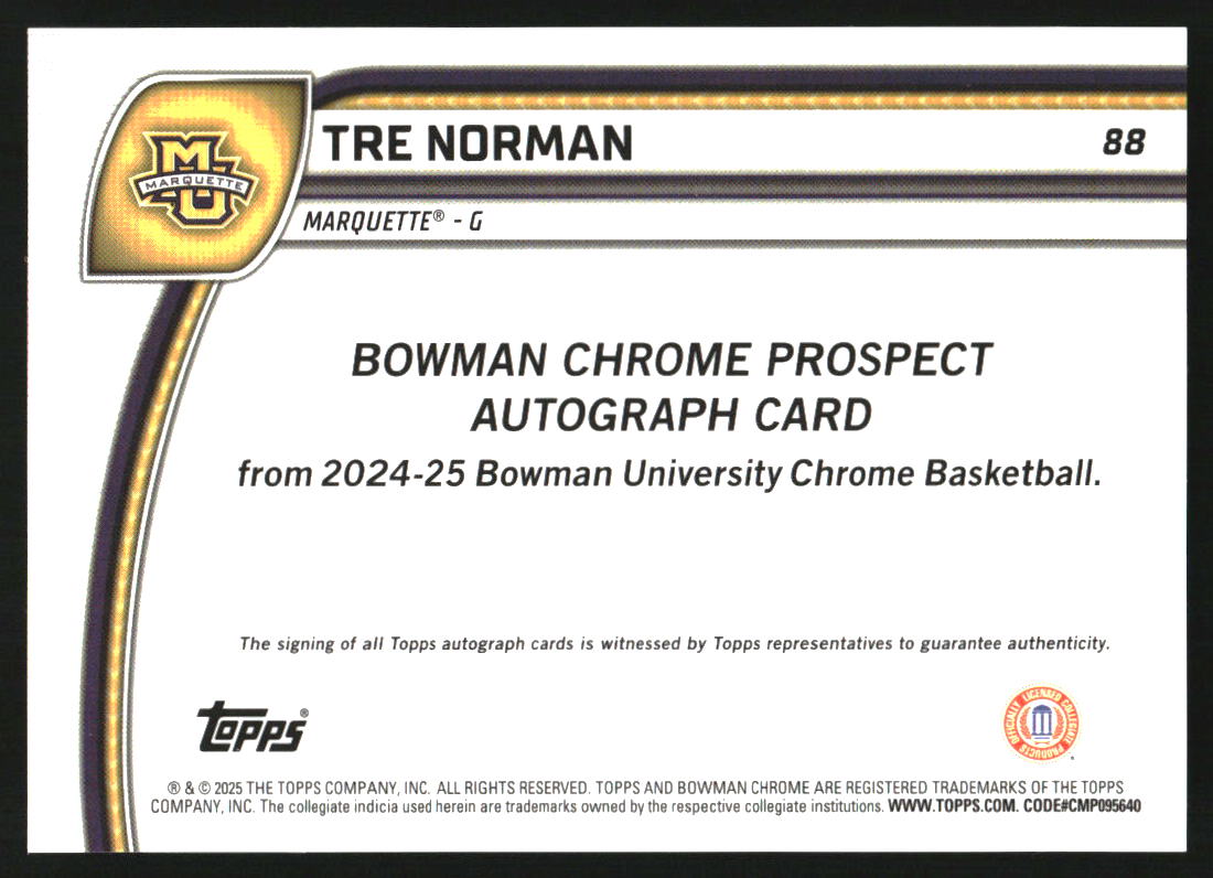 2024-25 Bowman Chrome University Prospect Autographs #88 Tre Norman