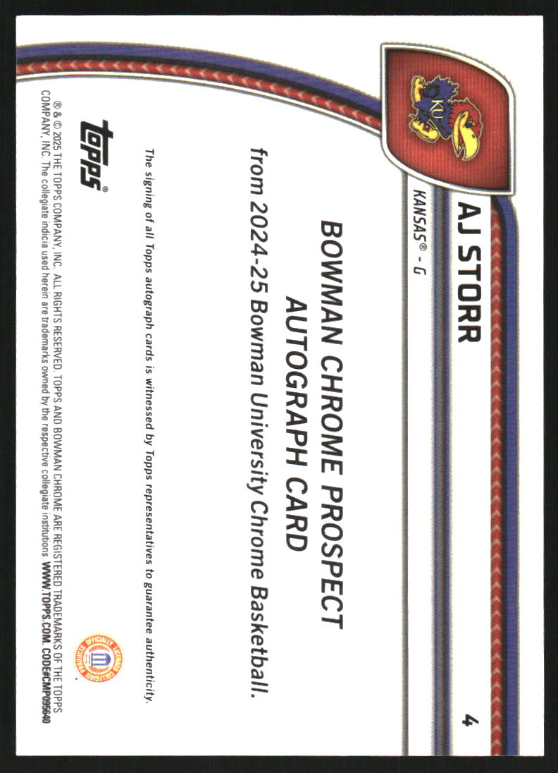 2024-25 Bowman Chrome University Prospect Autographs Black Blue Stealth Refractors #4 AJ Storr Auto