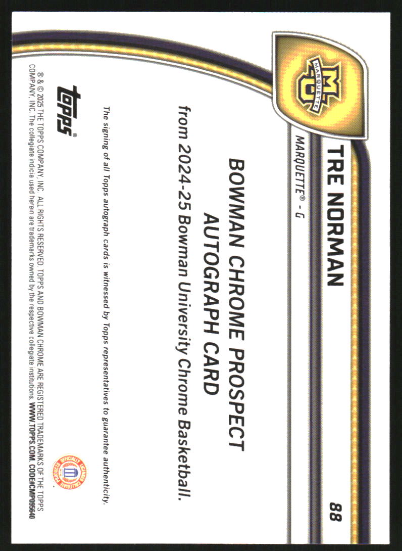 2024-25 Bowman Chrome University Prospect Autographs Black Gold Stealth Refractors #88 Tre Norman