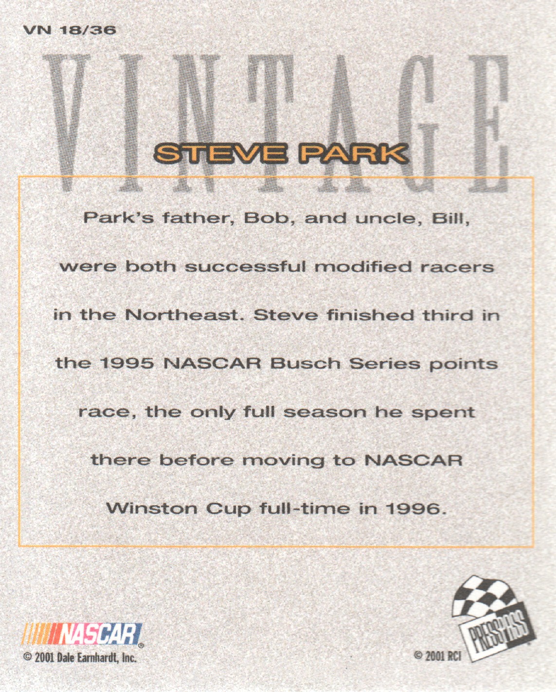 2002 Press Pass Vintage #VN18 Steve Park back image