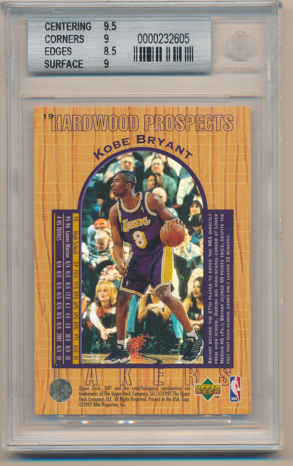 1996-97 UD3 #19 Kobe Bryant BGS 9 MINT Z27180 back image