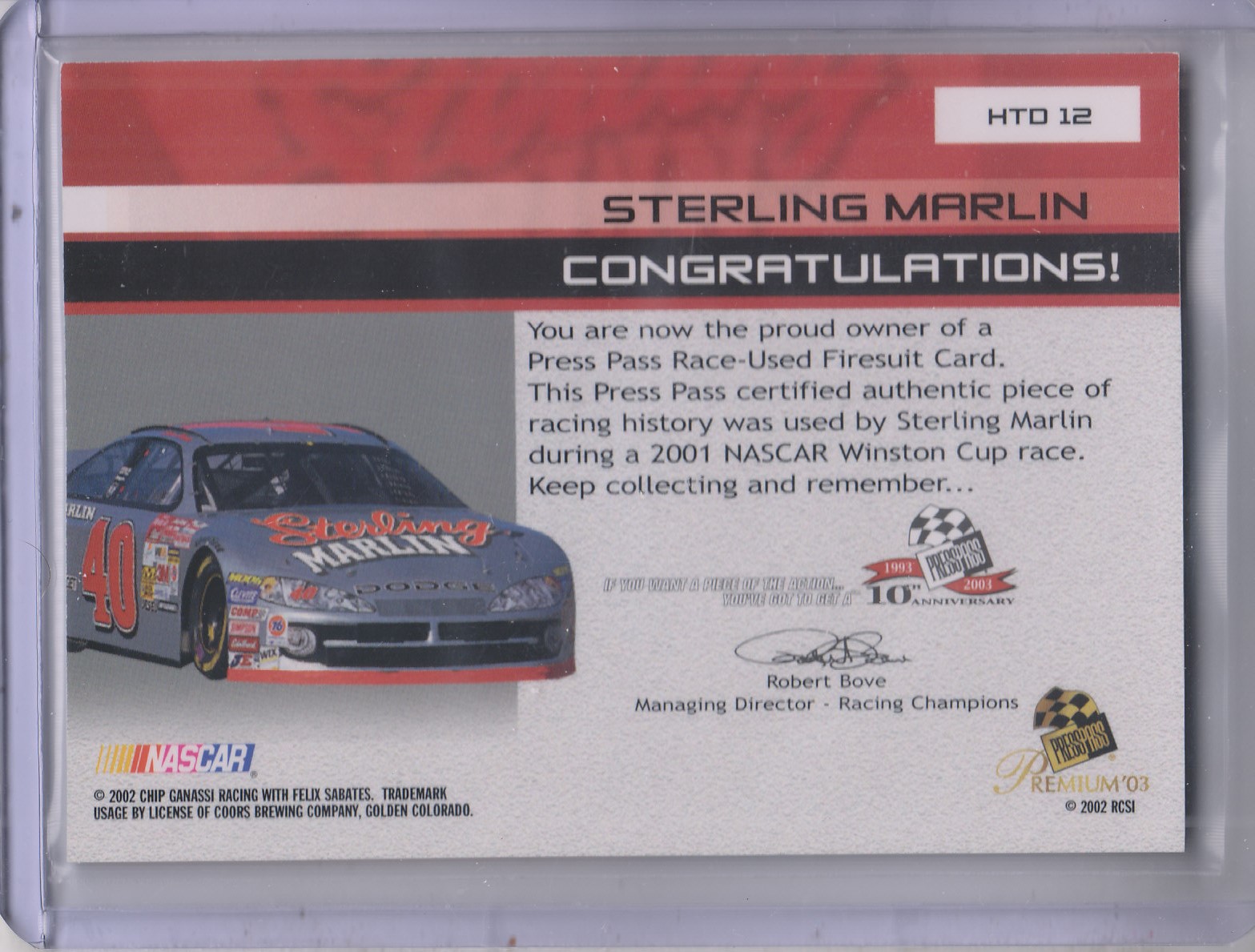 2003 Press Pass Premium Hot Threads Drivers #HTD12 Sterling Marlin/285 back image