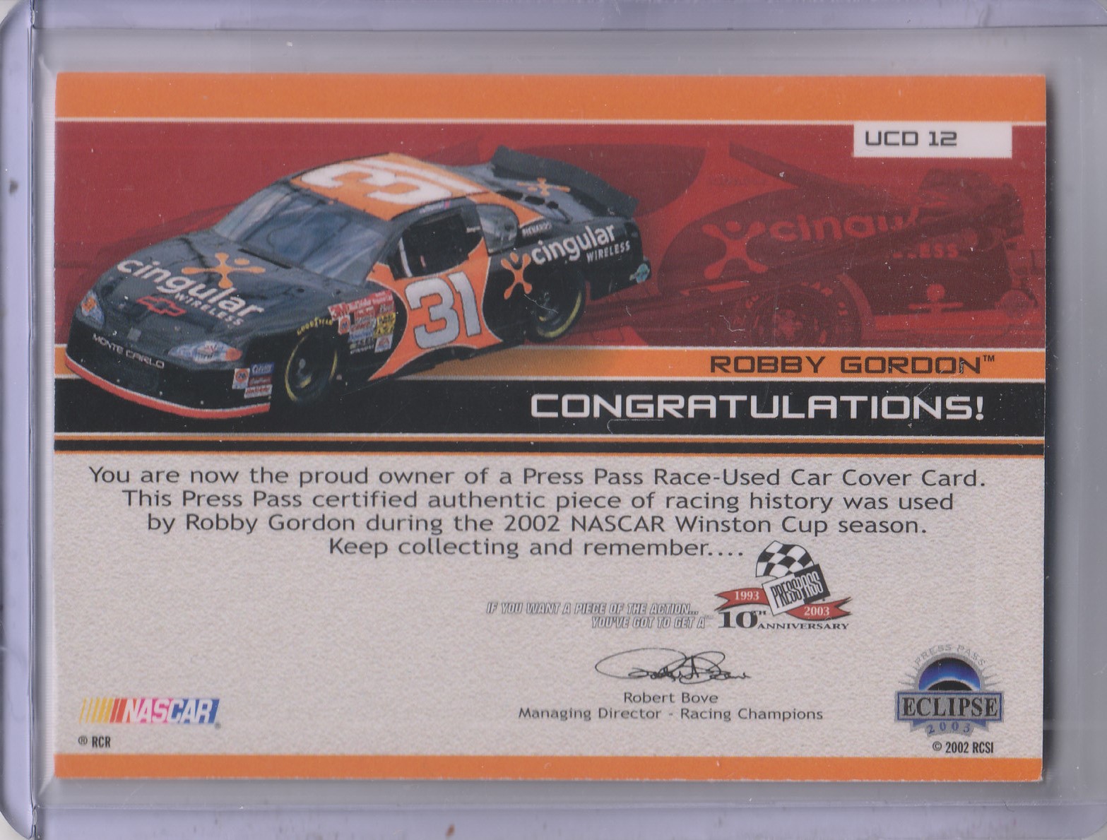 2003 Press Pass Eclipse Under Cover Driver Silver #UCD12 Robby Gordon back image
