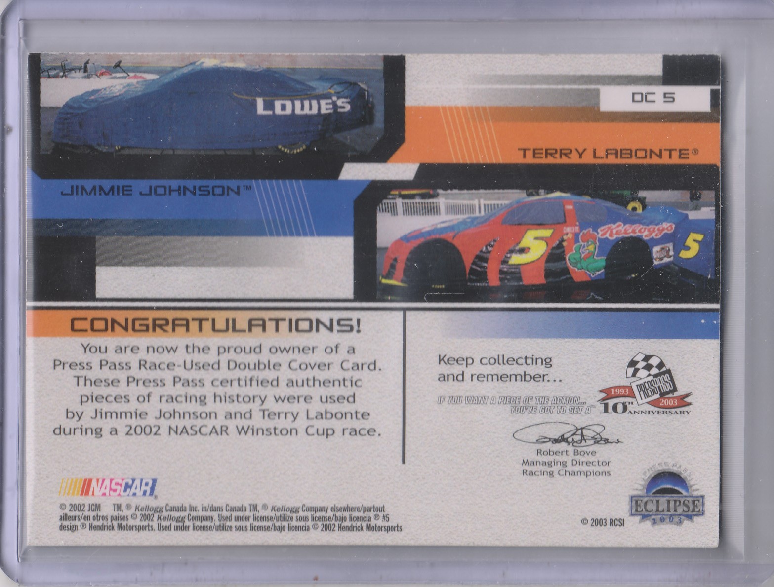 2003 Press Pass Eclipse Under Cover Double Cover #DC5 Terry Labonte/Jimmie Johnson back image