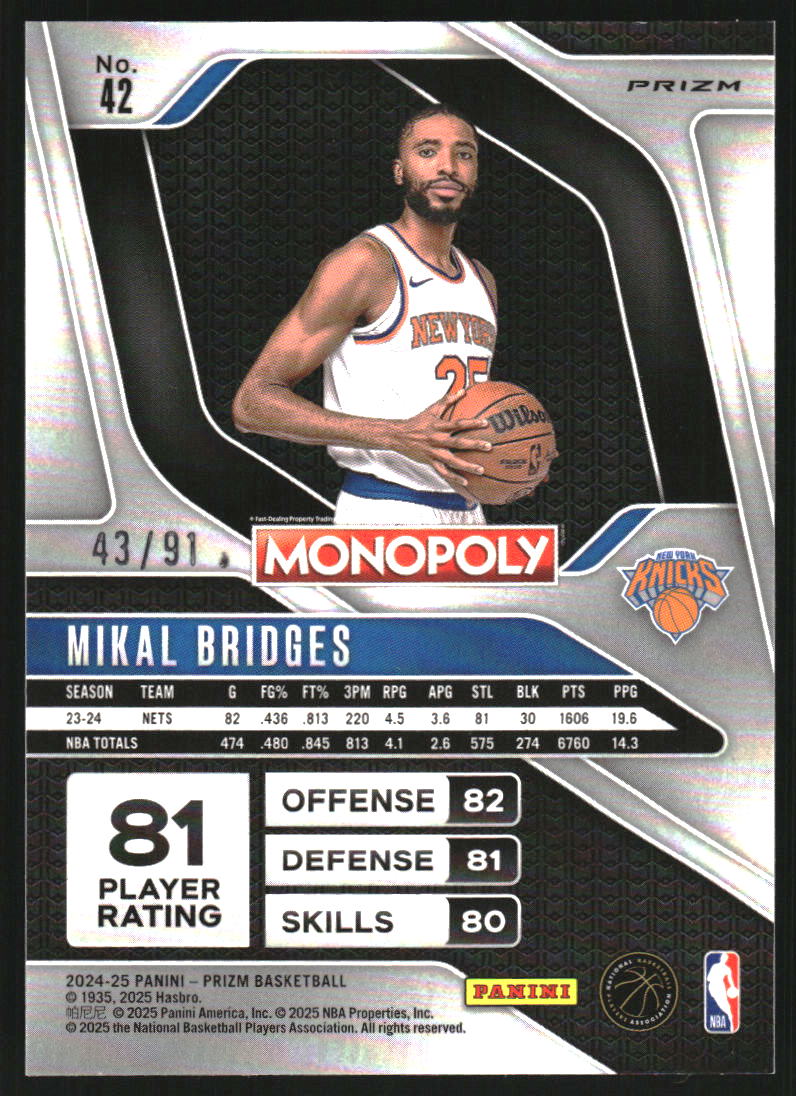 2024-25 Panini Prizm Monopoly Purple #42 Mikal Bridges /91