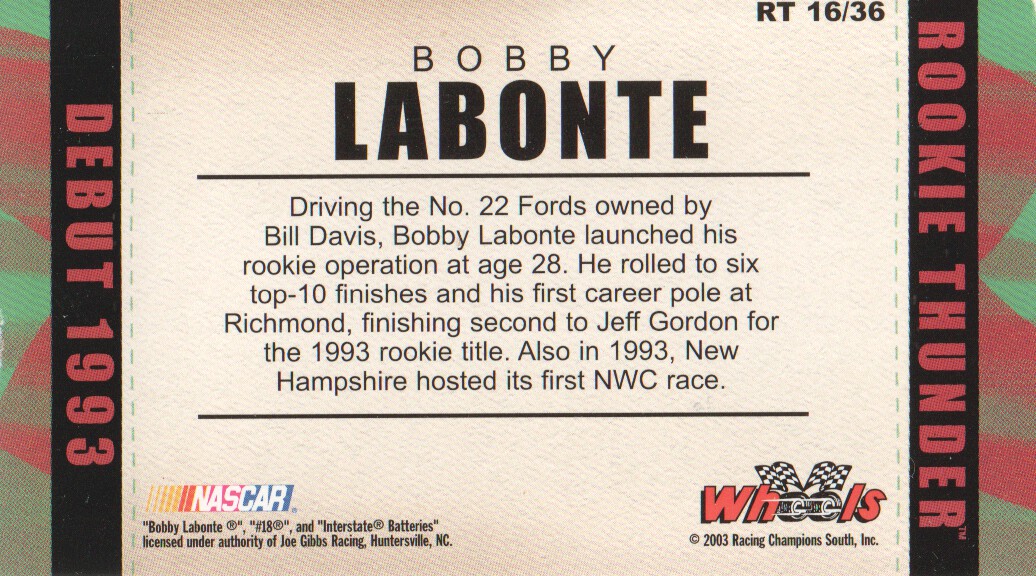 2003 Wheels American Thunder Rookie Thunder #RT16 Bobby Labonte back image