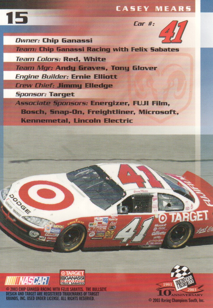 2003 Press Pass Trackside #15 Casey Mears CRC back image
