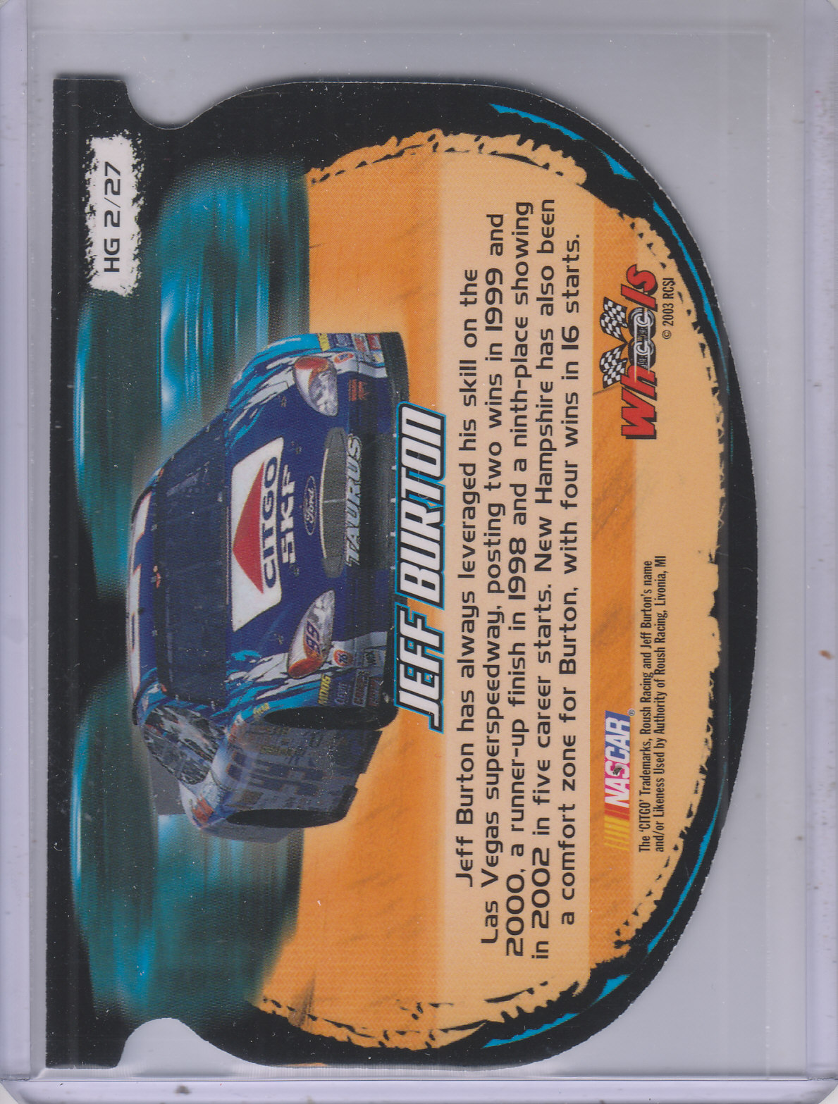 2003 Wheels High Gear High Groove #HG2 Jeff Burton back image