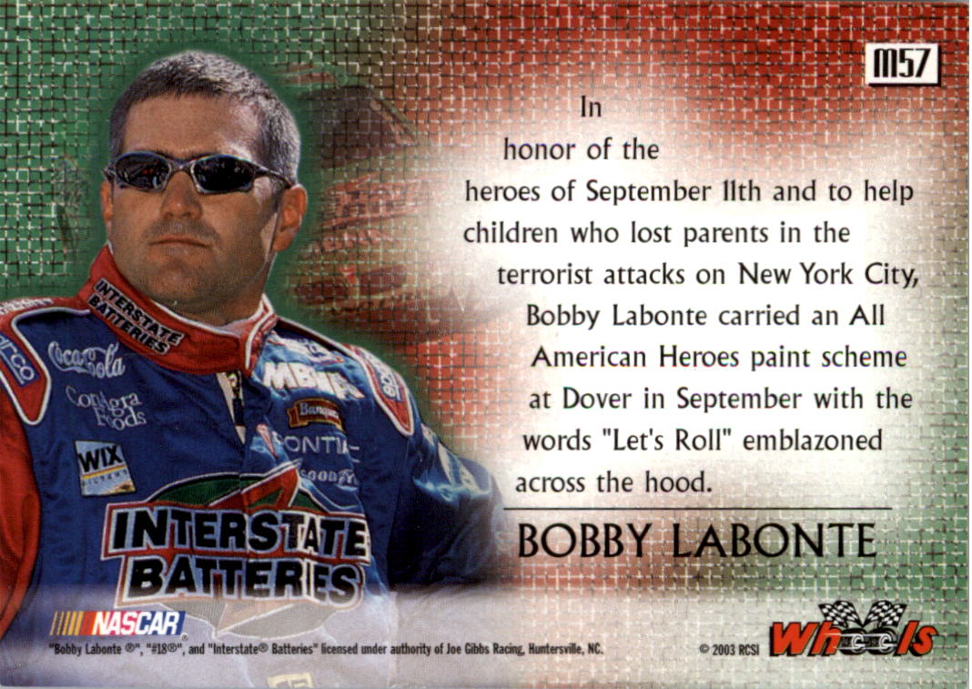 2003 Wheels High Gear MPH #M57 Bobby Labonte's Car CM back image