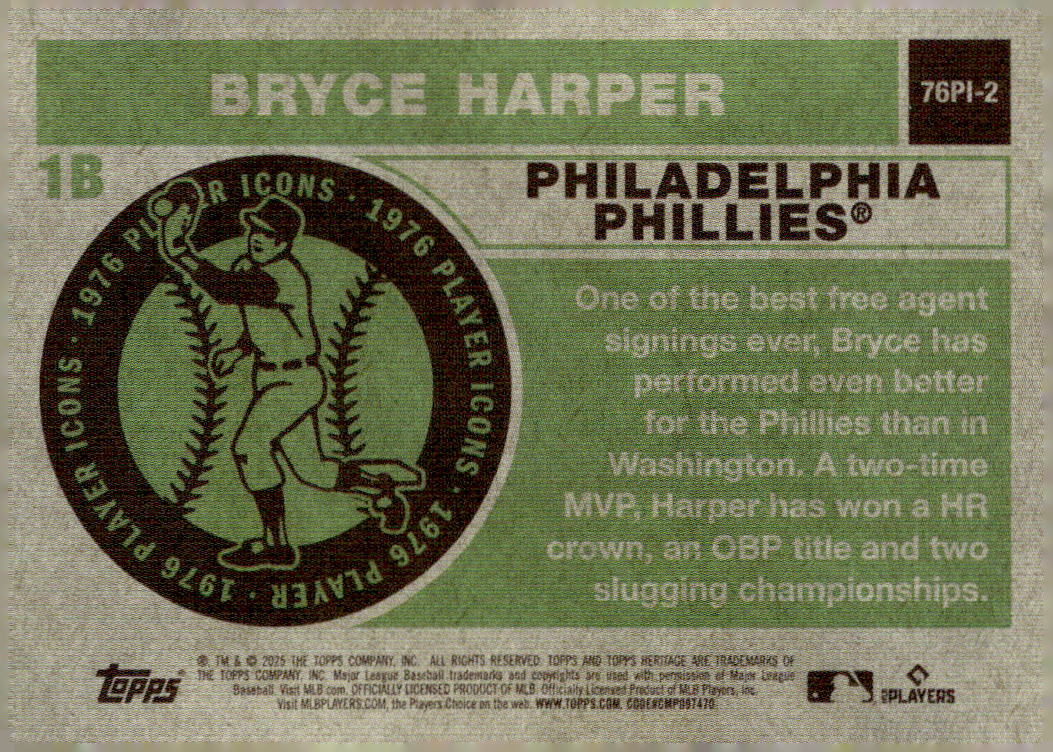 2025 Topps Heritage '76 Player Icons Holographic #76PI2 Bryce Harper back image