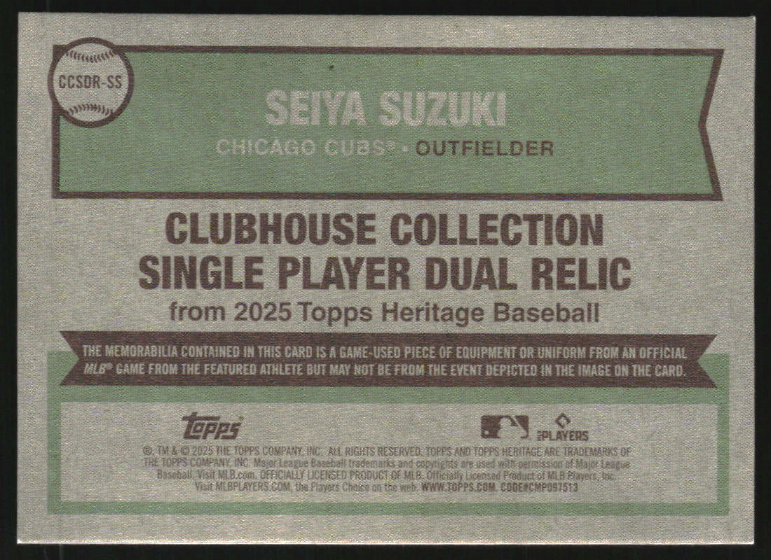 2025 Topps Heritage Clubhouse Collection Dual Relics Gold #CCSDRSS Seiya Suzuki /50