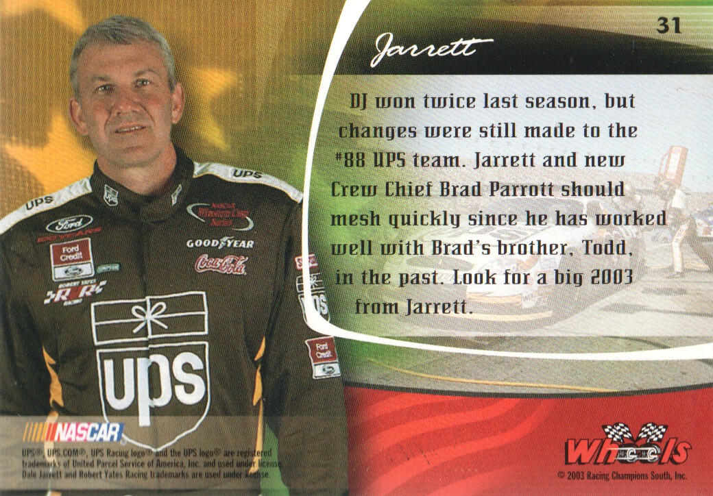 2003 Wheels American Thunder #31 Dale Jarrett DT back image