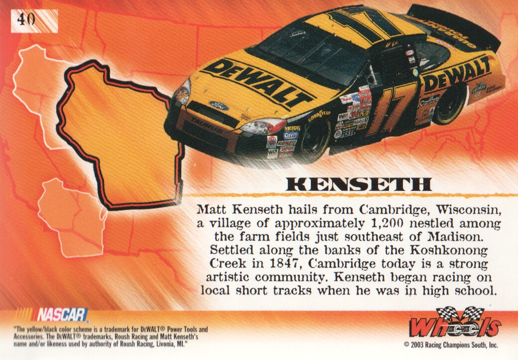 2003 Wheels American Thunder #40 Matt Kenseth CC back image