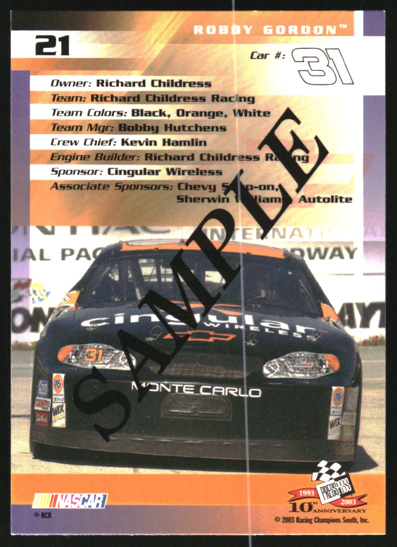 2003 Press Pass Trackside Samples #21 Robby Gordon back image