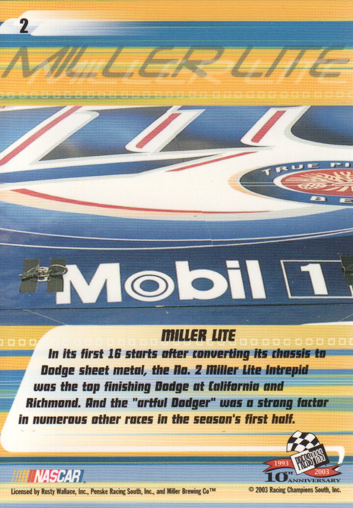 2003 Press Pass Stealth #2 Rusty Wallace's Car back image
