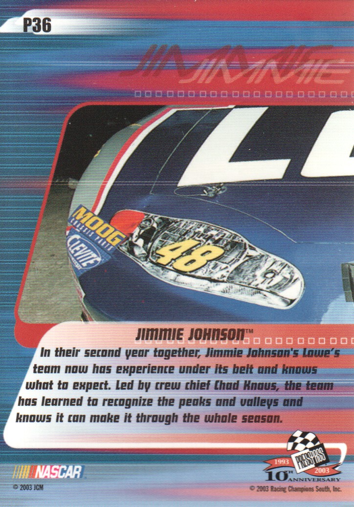 2003 Press Pass Stealth Red #P36 Jimmie Johnson back image