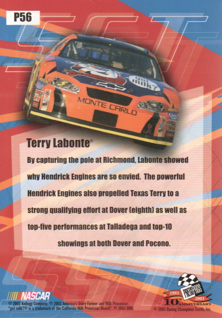 2003 Press Pass Stealth Red #P56 Terry Labonte SST back image