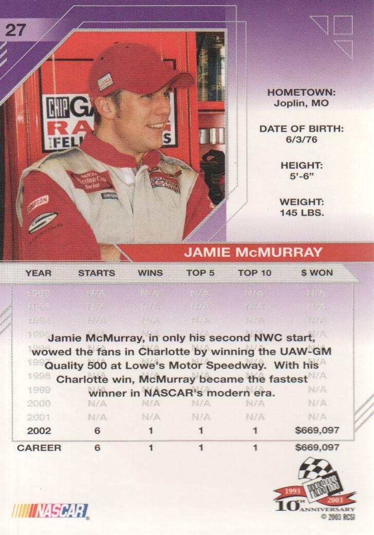 2003 Press Pass Eclipse #27 Jamie McMurray back image